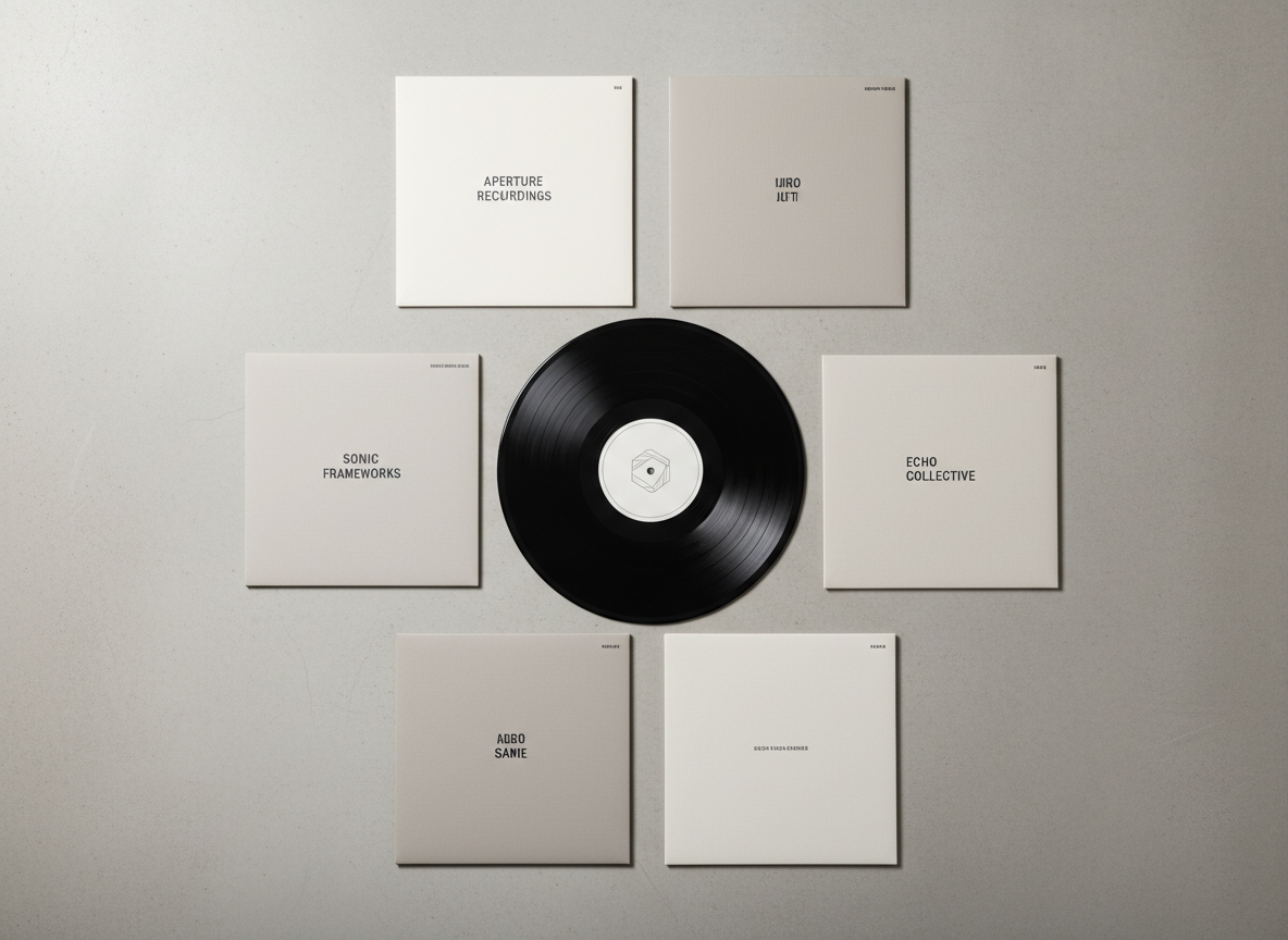 A sleek, matte-black vinyl record with a minimalist white center label, featuring a subtle geometric logo, lies perfectly centered on a clean, light-grey concrete surface. Around it, neatly arranged, are neutral-toned album sleeves with simple, typographic designs that suggest a refined label identity. Soft, diffused studio lighting from above creates gentle highlights on the record’s grooves and faint shadows along the sleeve edges, emphasizing texture without clutter. Shot from a bird’s-eye view with sharp focus throughout, the composition uses clean lines and balanced spacing to convey a professional, corporate aesthetic. The mood is calm, precise, and contemporary, reflecting a high-end music label agency portfolio in photographic realism.