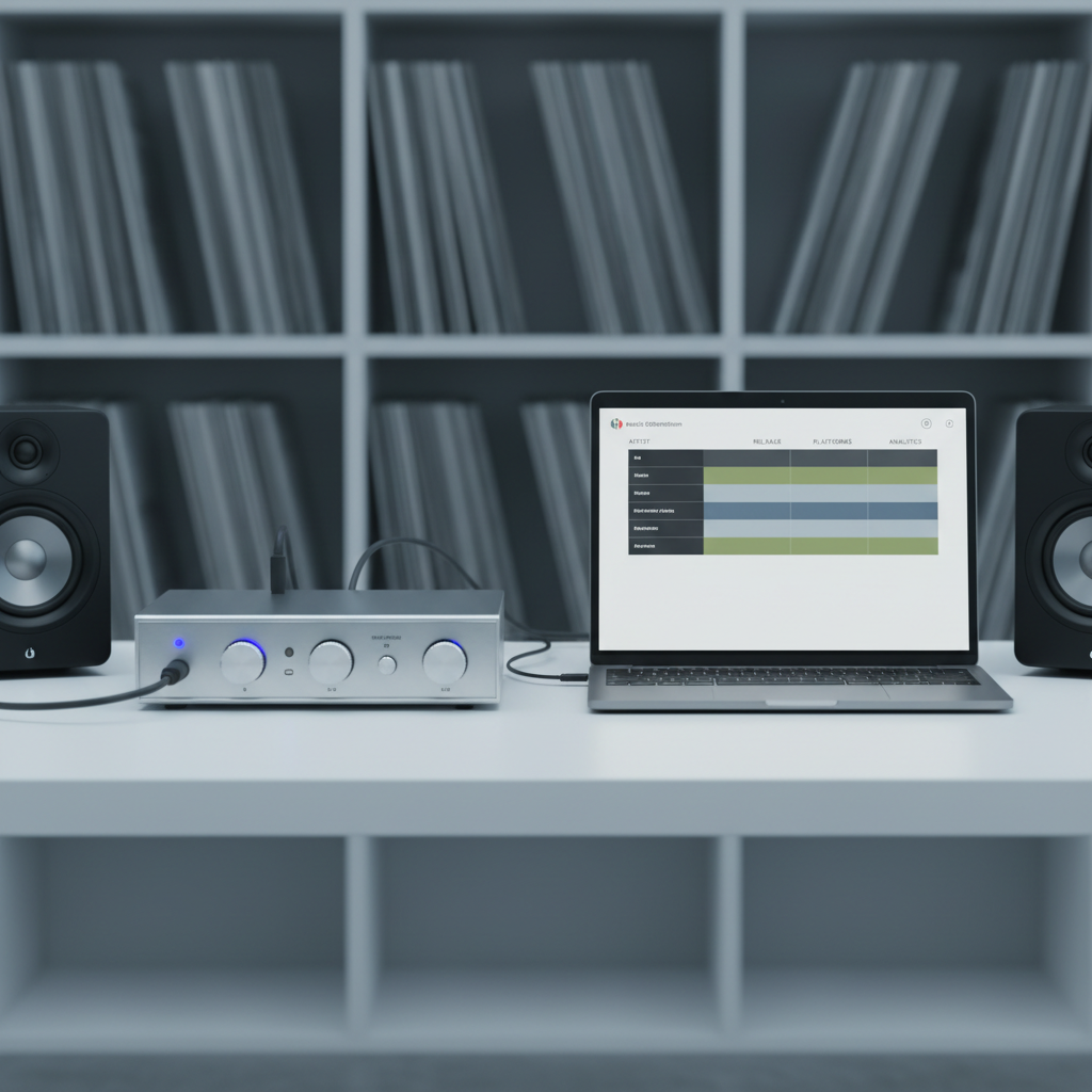 A polished metal audio interface and a slim, dark-grey laptop rest on a smooth white desk, both connected to a pair of compact, high-end studio speakers. On the laptop screen, a structured music distribution interface displays labeled columns for artists, releases, platforms, and analytics in muted, professional colors. The background fades into a softly blurred shelving unit with neatly stacked, monochrome record sleeves. Cool, diffused studio lighting from the front creates soft reflections on the metal surfaces and keeps the color palette neutral and understated. Shot from a slightly elevated angle with moderate depth of field, the composition is orderly and balanced, evoking a modern, corporate environment for a music label agency focused on digital services and precision.