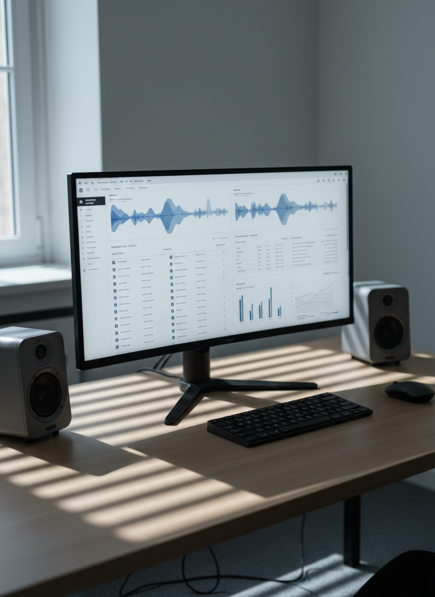 A meticulously organized workspace featuring a large, slim, black monitor displaying a structured music release dashboard with waveform graphics, track lists, and clean charts in muted blues and greys. The monitor sits on a light oak desk alongside a pair of compact, matte-grey studio monitors and a minimalist keyboard and mouse. Cables are hidden, leaving a pristine, uncluttered surface. Soft, cool-toned daylight filters in from an unseen side window, casting delicate linear shadows and creating a balanced, neutral tone. Captured at eye level with a slight three-quarter angle, the composition highlights clean lines and symmetry, reinforcing a precise, corporate aesthetic. The atmosphere feels focused, analytical, and professional, ideal for representing an organized label agency managing artists and services.