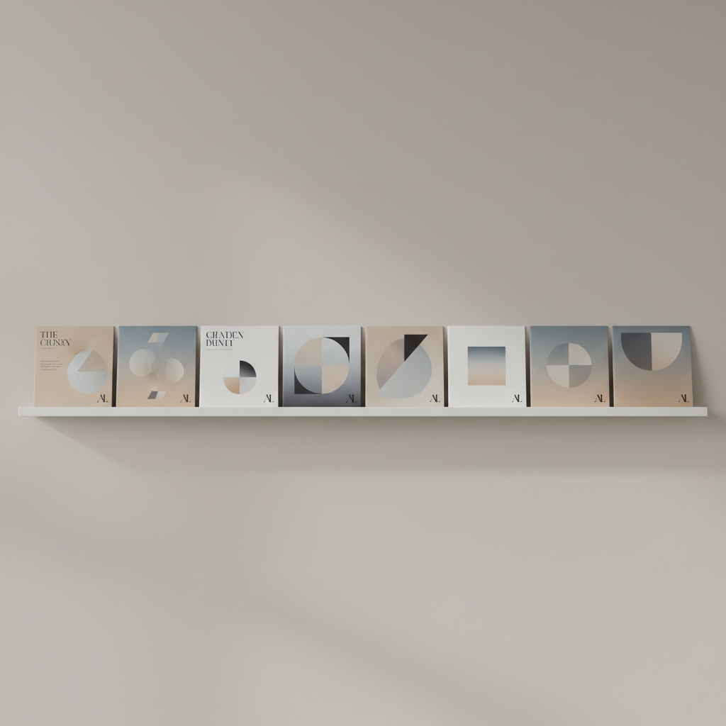 A row of elegant, matte-finish album mockups stands upright on a slim, floating white shelf against a light taupe wall. Each cover features different minimalist artwork: restrained typography, abstract geometric shapes, and subtle gradient backgrounds in muted blues, greys, and beige, all unified by a small, consistent agency logo. Soft, indirect overhead lighting creates gentle shadows below the shelf, emphasizing the exact alignment and clean edges of the covers. Shot straight on with a centered composition and sharp focus, the image highlights structure and consistency. The mood is curated and professional, suggesting a portfolio of carefully managed releases from a label agency, presented in photographic realism with a crisp, gallery-like atmosphere.