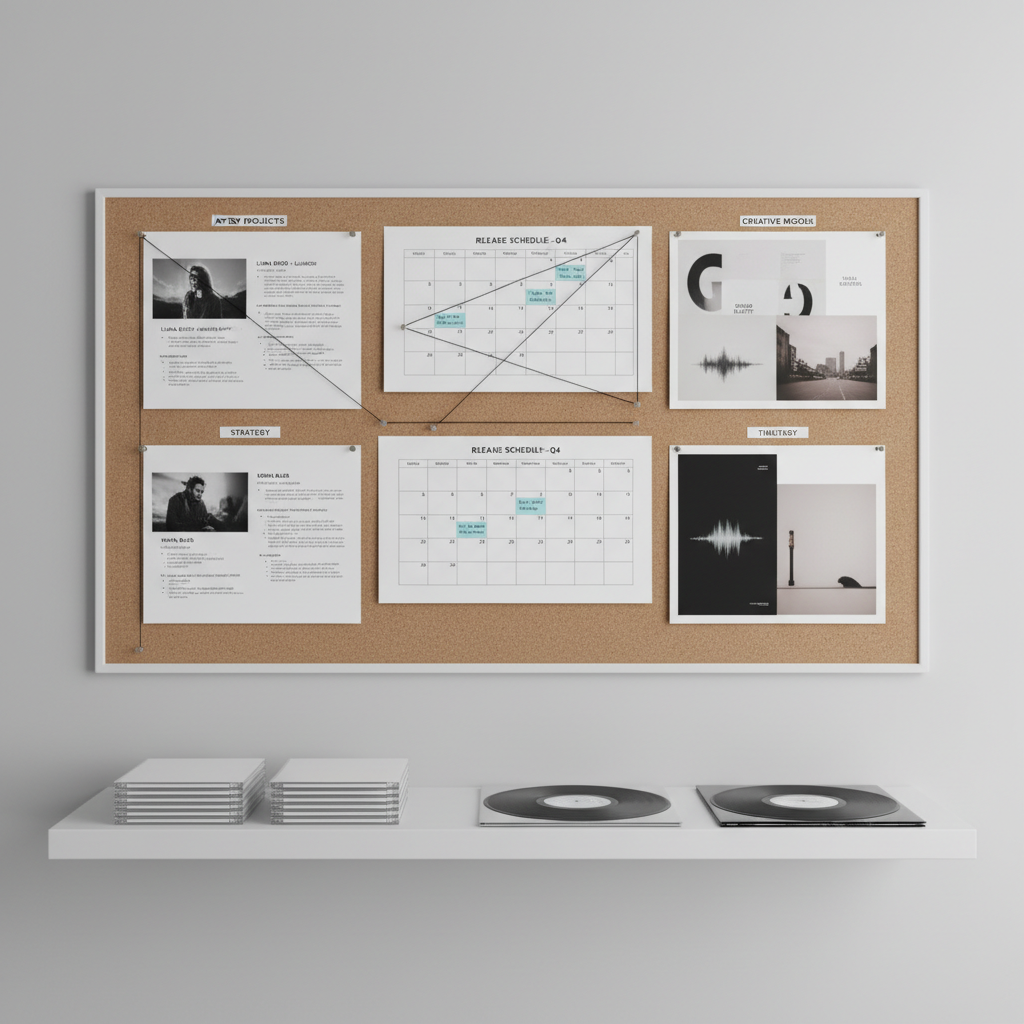 A large, neutral-toned corkboard mounted on a light grey wall displays a structured layout of printed project sheets, release schedules, and moodboard snippets for various artists, all designed with minimalist typography and aligned grids. Thin black string and small metallic pins connect some documents, hinting at timelines and strategy. A slim floating shelf beneath holds neatly stacked, unbranded jewel cases and vinyl mockups. Soft, even studio lighting eliminates harsh contrasts, producing a calm, analytical feel. Captured from a straight-on, eye-level perspective with sharp focus, the composition emphasizes organization and planning. The aesthetic is clean, corporate, and methodical, visualizing the behind-the-scenes strategic side of a professional music label agency’s portfolio.